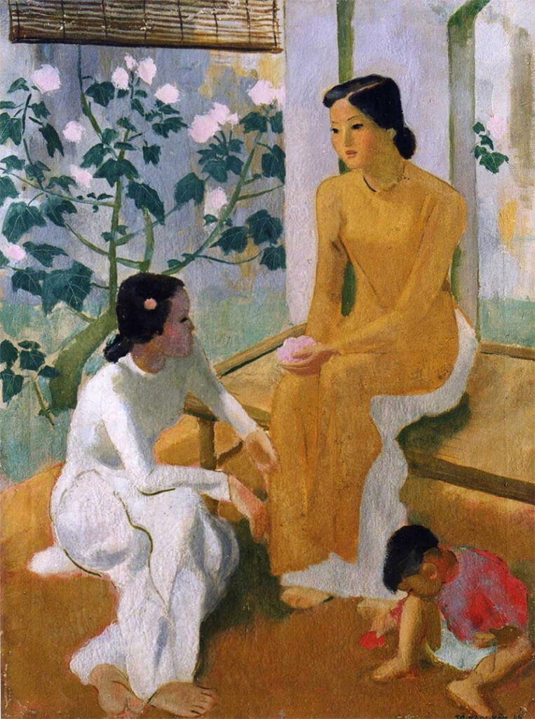 Oil painting: Two young women and a baby (1944)